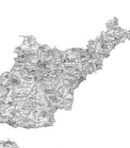 Section, depicting the South West of the specially commissioned map of England and Wales that stands 3 metres, high by artist-cartographer Stephen Walter (http://stephenwalter.co.uk/). Graphite on Paper.